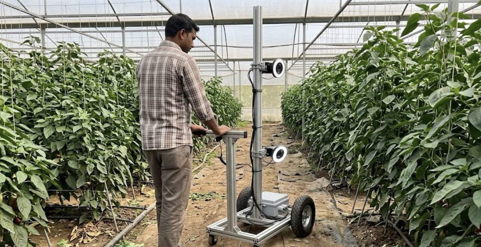 SoilBotix field scanning cart prototype with two ring-light camera units on a vertical pole, being pushed down a row inside a polyhouse