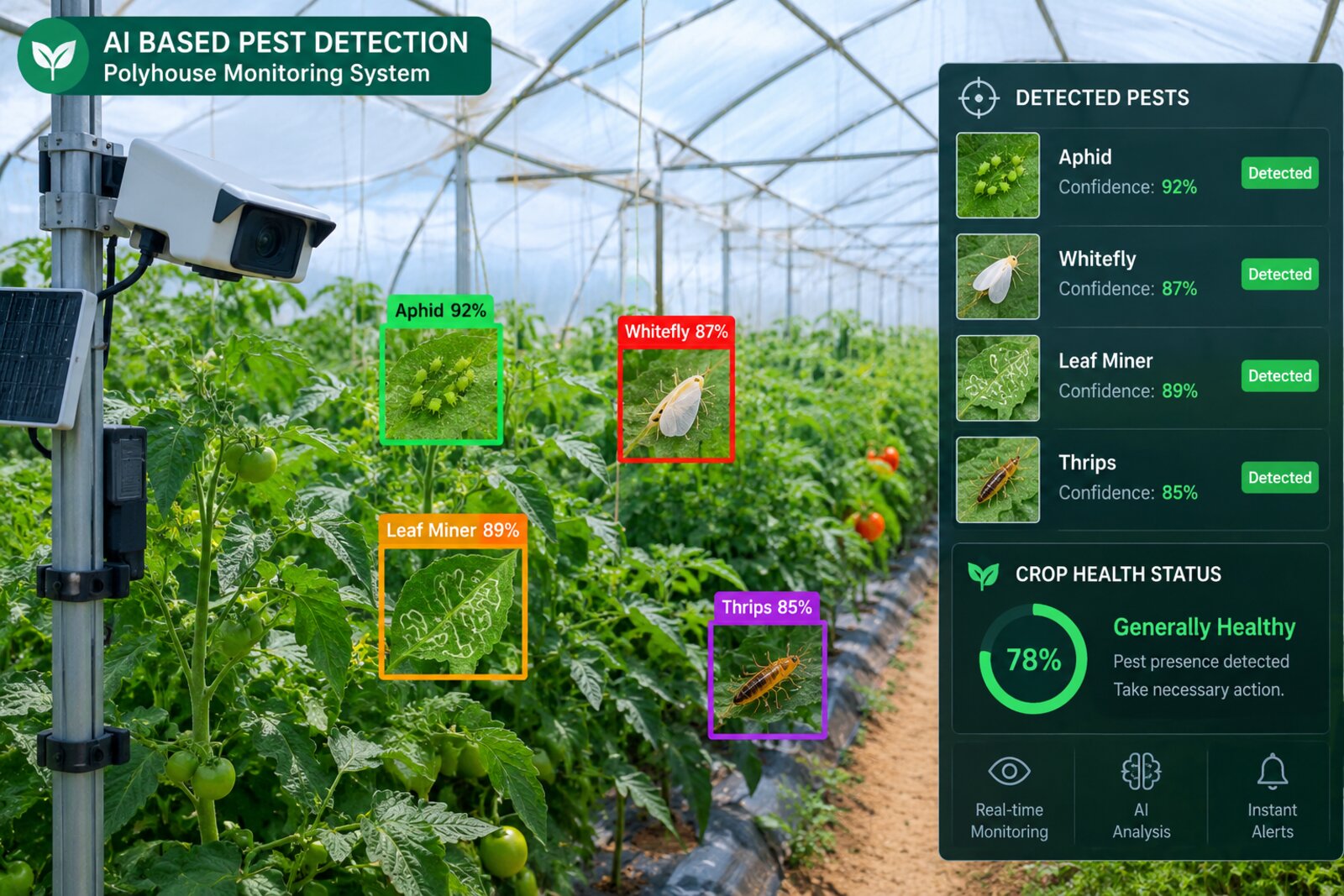 SoilBotix AI pest detection dashboard overlay on a polyhouse camera feed, showing bounding boxes for aphid, whitefly, leaf miner, and thrips with confidence scores, alongside a detected-pests panel and a crop health status indicator